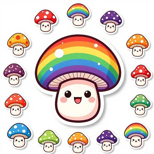 Cute digital illustration of a smiling mushroom with a rainbow cap surrounded by smaller, colorful mushrooms with cheerful faces.