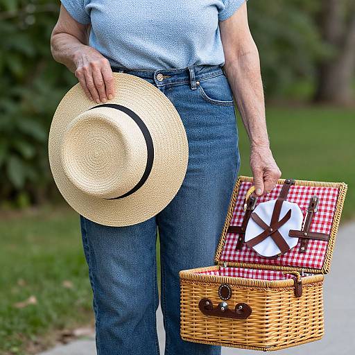 Photograph of a person in blue jeans and light blue shirt, holding a straw hat and wicker picnic basket with red checkered cloth and brown leather
