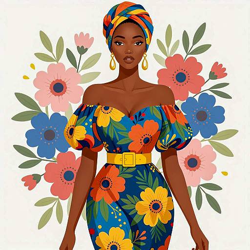 Elegant Woman in Colorful Floral Dress Illustration