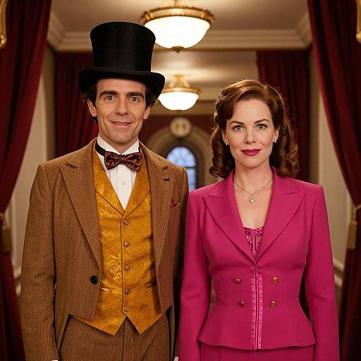 Photograph of a man in a brown Victorian suit with top hat and bow tie, and a woman in a pink Victorian suit, standing in an orn