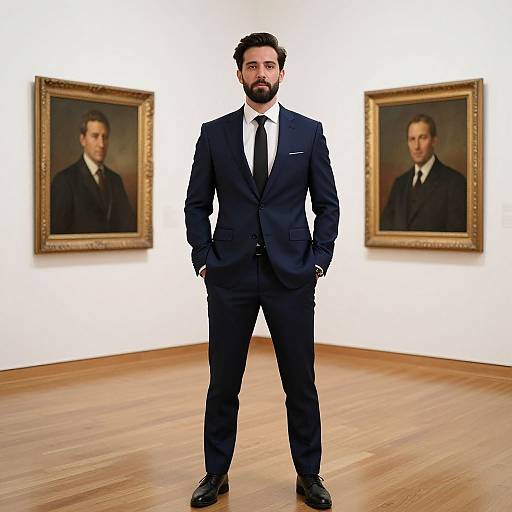 Photograph of bearded man in dark navy suit, white shirt, black tie, standing in art gallery between two framed portraits.
