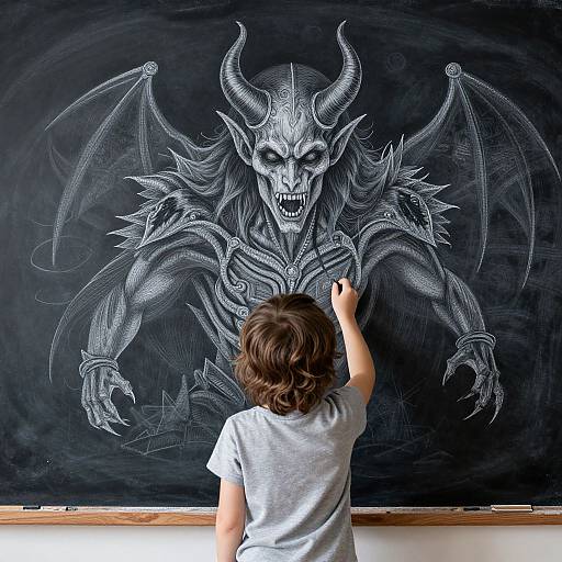 Photograph of a child with brown hair in a gray shirt, drawing a detailed white chalk demon with wings on a blackboard.