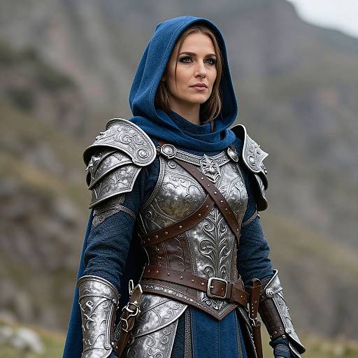 Photograph of a determined woman in medieval-style silver armor, blue hooded cloak, standing in a mountainous, rocky landscape.