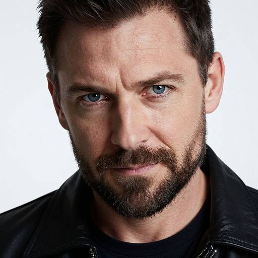 Close-up photograph of a bearded man with blue eyes, short dark hair, and a serious expression, wearing a black leather jacket, against a white