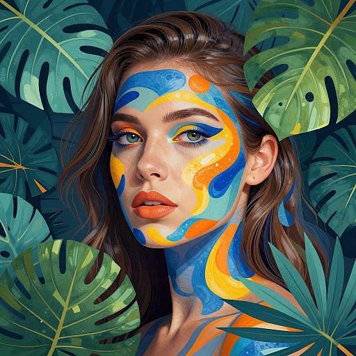 Digital portrait of a woman with blue and orange abstract paint on her face, surrounded by large green monstera leaves. Vibrant, surreal style.