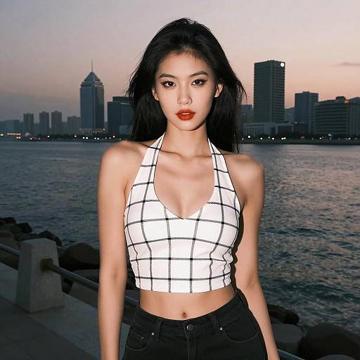 Photograph of an Asian woman with long black hair, red lipstick, wearing a white plaid crop top and black pants, standing by a river at