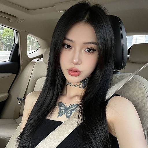 Photograph of an East Asian woman with long black hair, wearing a black tank top, seated in a car, seatbelt on, butterfly tattoos on