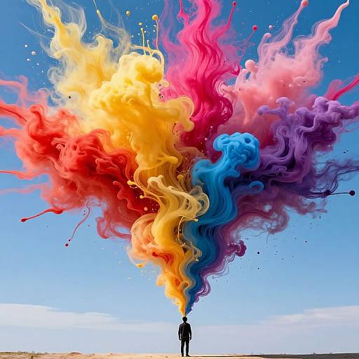 Photograph-style digital art: Silhouetted person stands below vibrant, colorful smoke explosion—red, yellow, pink, blue, purple—against
