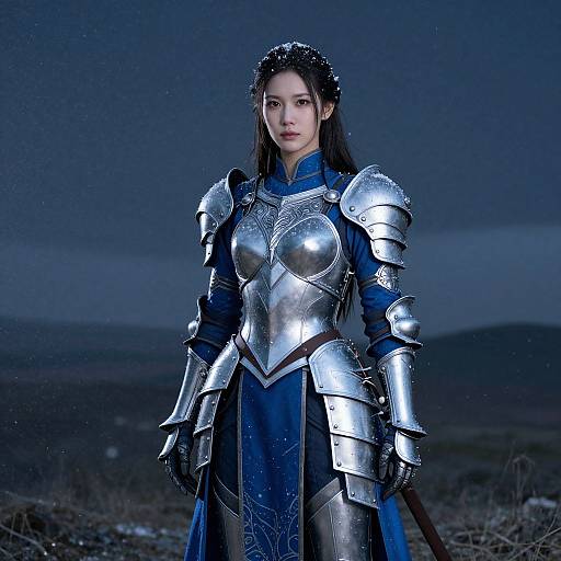 Photograph of an Asian woman in silver medieval armor with intricate designs, blue dress, and black hair, standing in a snowy, dark landscape at night