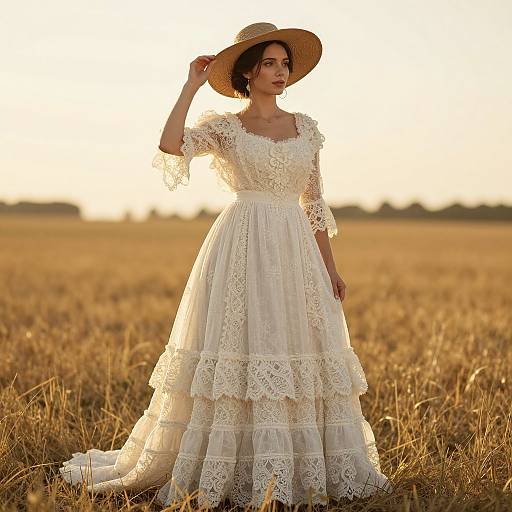 Photograph of a woman in a white lace wedding dress and straw hat, standing in a golden wheat field at sunset.