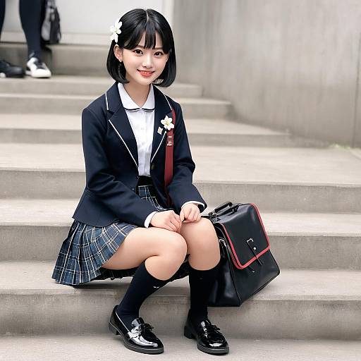 Photograph of an Asian schoolgirl with black bob haircut, white flower clip, black blazer, plaid skirt, and black shoes, sitting on