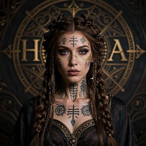 Photograph of a dark-haired woman with braids, intricate black tattoos, gold facial markings, wearing black lace, against a gold-patterned background.