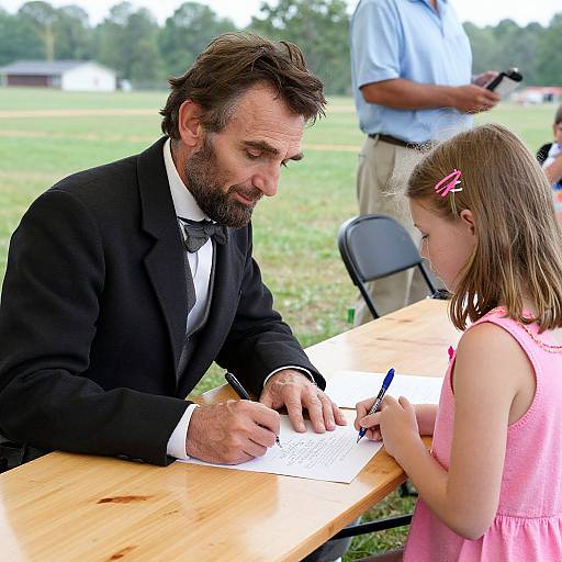 Photograph: A bearded man in a black tuxedo signs a white paper for a young girl with brown hair in a pink dress at an