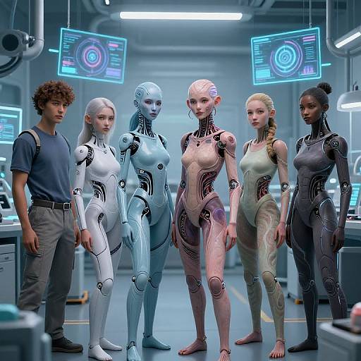 Photorealistic CGI: Five humans, four female androids with glowing circuitry, in futuristic lab. Neon blue screens, gray walls, and industrial