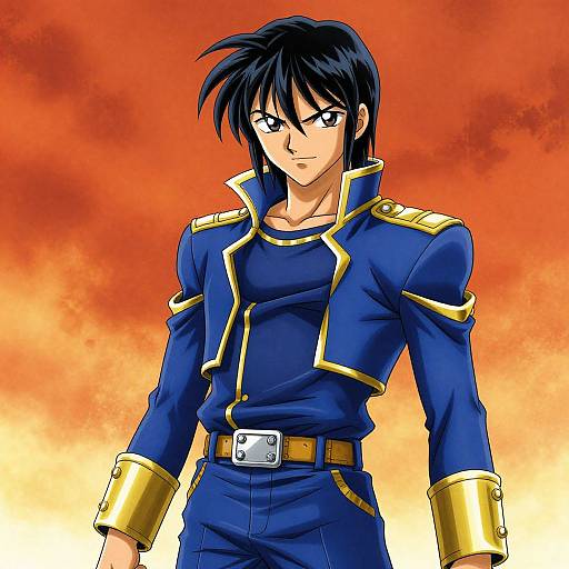 Anime-style illustration of a handsome young man with black hair, blue military uniform with gold trim, and serious expression, standing against a fiery orange sky.