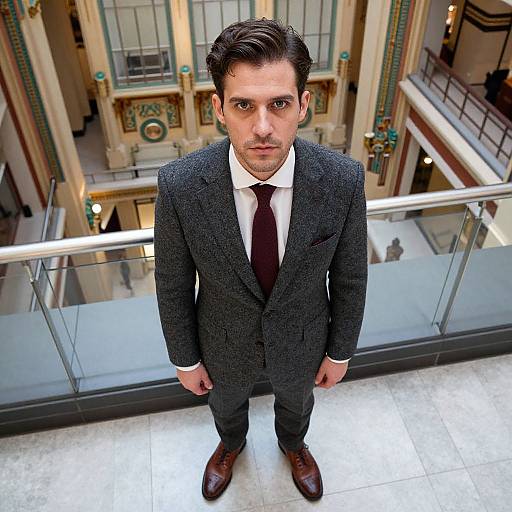 Photograph of a serious-looking man with dark hair in a gray tweed suit, white shirt, burgundy tie, and brown shoes, standing on