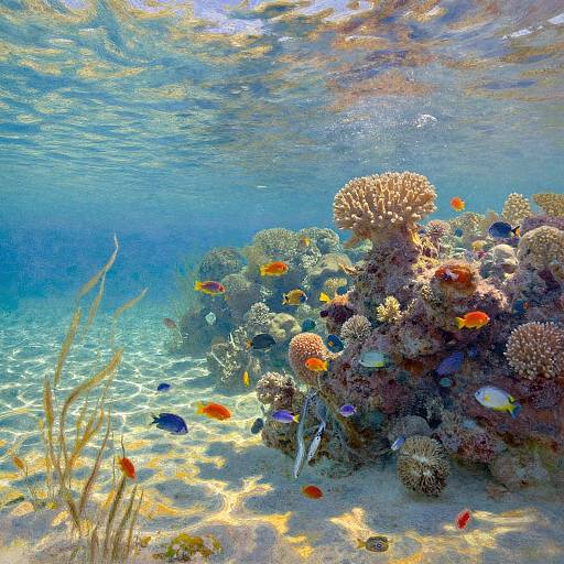 Vibrant underwater photograph of colorful fish swimming around coral reefs with sunlight filtering through the clear blue water.