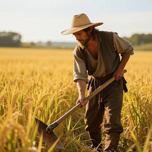 Photograph of a bearded farmer in a straw hat, wearing rugged clothes, harvesting golden wheat with a sickle in a sunny field.
