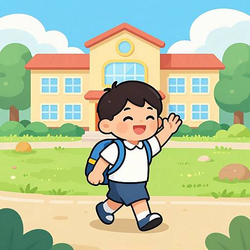 Cartoon-style drawing of a smiling, dark-haired boy in a white shirt, blue shorts, and backpack, waving at a sunny school building.