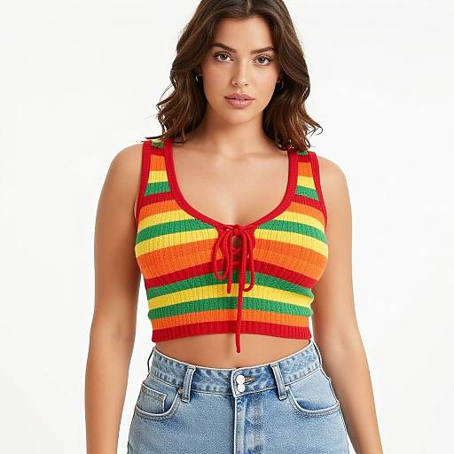 Photograph of a young woman with wavy dark brown hair, wearing a red, yellow, and green striped crop top with red lace-up front,