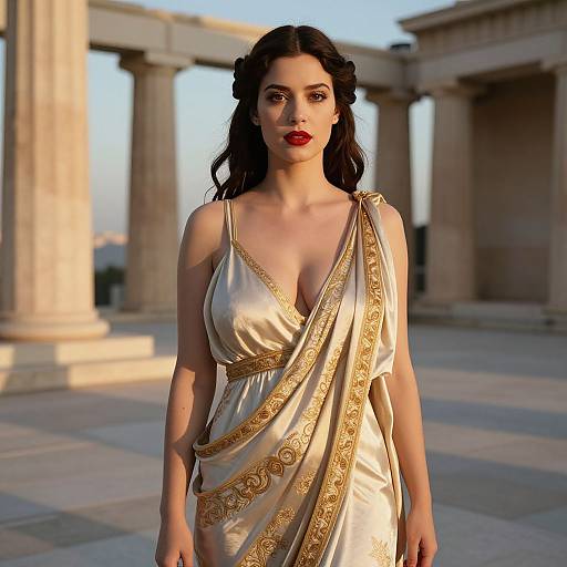 CGI image of a dark-haired woman with red lipstick wearing a golden-embroidered, deep V-neck Greek-style white dress, standing in front