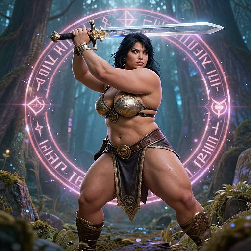 Digital art of a muscular, curvy, Latina warrior woman with black hair, holding a glowing sword, wearing gold armor and dark loincloth,