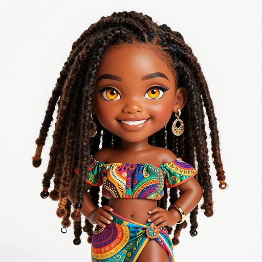 Digital illustration of a smiling African girl with dark skin, yellow eyes, and long, twisted braids. She wears a colorful, off-shoulder