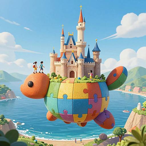 Vibrant digital illustration of a colorful, puzzle-piece fish carrying a fairy-tale castle over a blue ocean with mountains and small islands. Children play