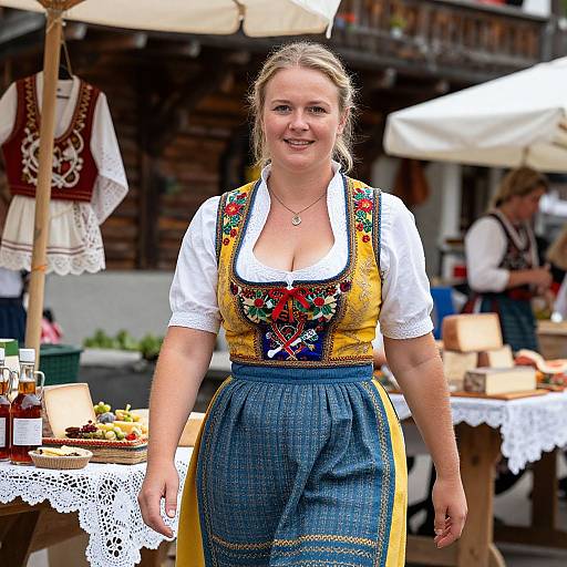 Photograph of a smiling blonde woman in traditional Bavarian dirndl with colorful embroidery, white blouse, and blue skirt, standing in an outdoor market with