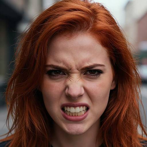 Close-up photograph of a furious red-haired woman with intense expression, furrowed brows, and bared teeth, set against a blurred urban background.