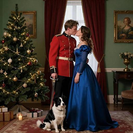 Romantic Christmas Scene with a Couple Kissing