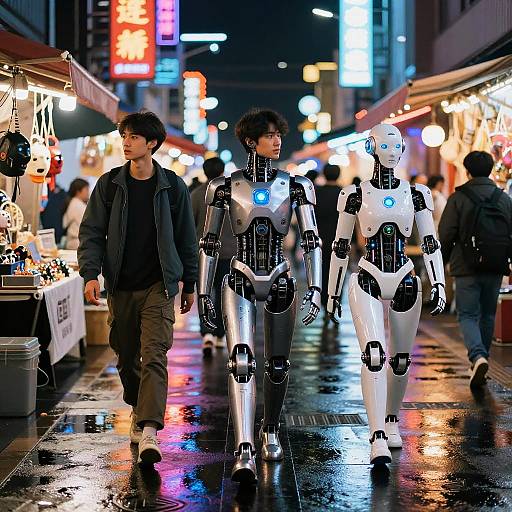 Nighttime city street scene with a rainy, neon-lit backdrop. A man in a dark jacket walks beside two white and black humanoid robots with glowing