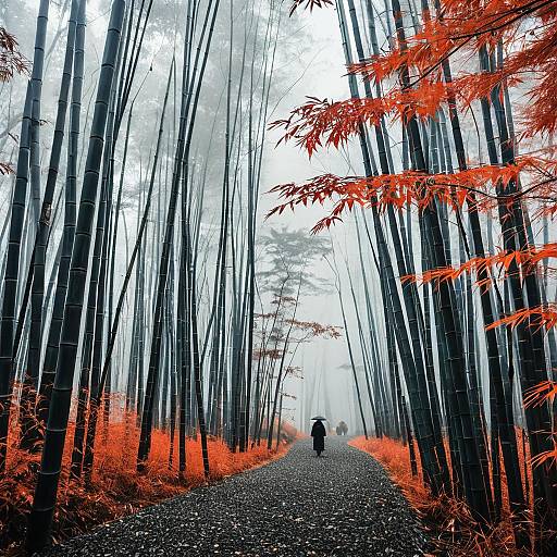 Misty Bamboo Forest with Red Maple Leaves