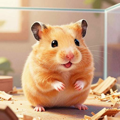 Photograph of a cute, fluffy, golden-brown hamster with black ears, pink nose, and small pink paws, standing on a wooden