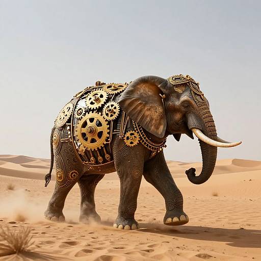 Photograph of an intricately adorned elephant in a desert, featuring gold gears and ornate patterns on its dark, textured skin.