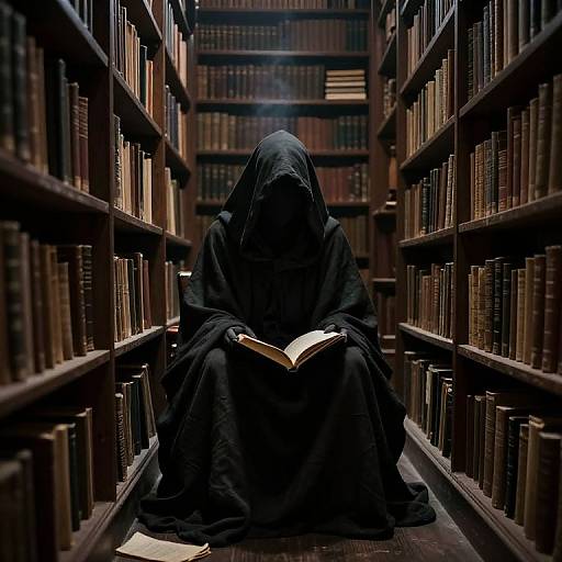 Photograph of a mysterious figure in black hooded cloak, sitting between rows of bookshelves, reading an open book in dim library.
