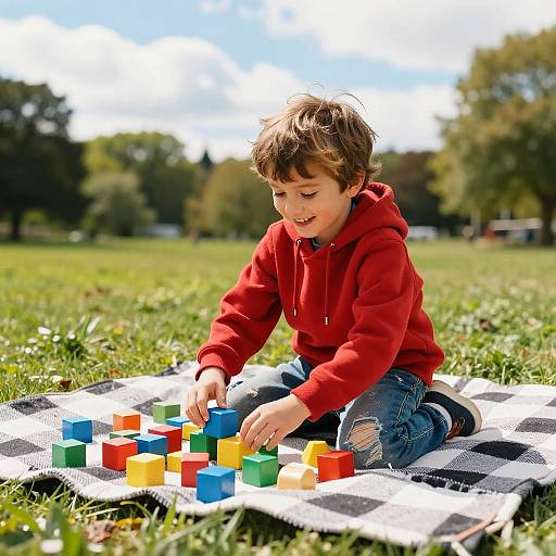 Photograph of a young boy with brown hair, wearing a red hoodie and blue jeans, playing with colorful wooden blocks on a black-and-white checkered