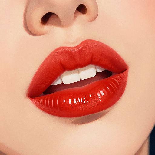 Close-up photograph of a woman's face showing glossy red lipstick, white teeth, and fair skin, with only her nose and lips visible.