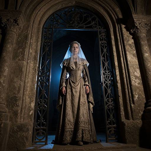 Photograph of a stern, veiled woman in ornate medieval gown standing in a dark, stone archway with intricate iron doors.