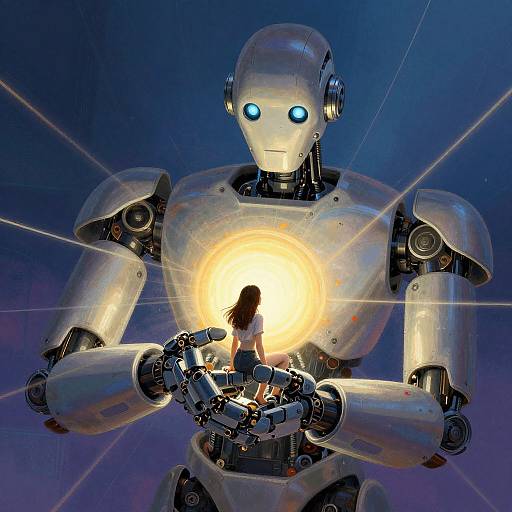 Digital art: A large, silver, glowing robot with blue eyes holds a woman with long brown hair and a white top, illuminated by a bright circular