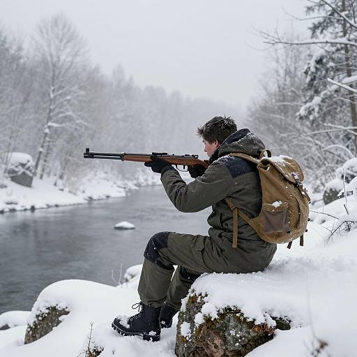 Hunter aiming rifle in snowy winter forest