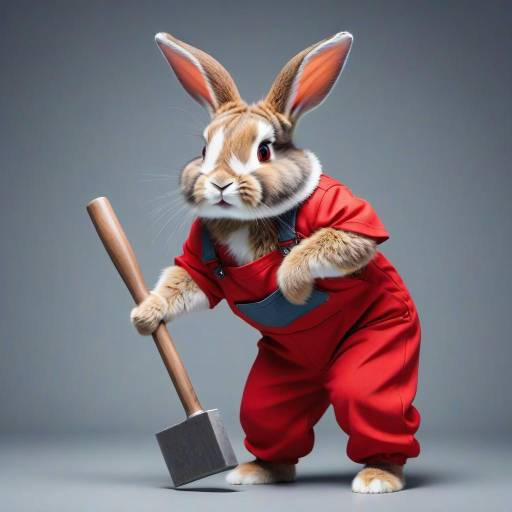 Adorable Bunny in Red Jumpsuit with Hammer