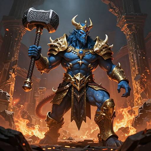 Digital artwork of a muscular, blue-skinned, horned demon warrior with golden armor, holding a massive hammer with 