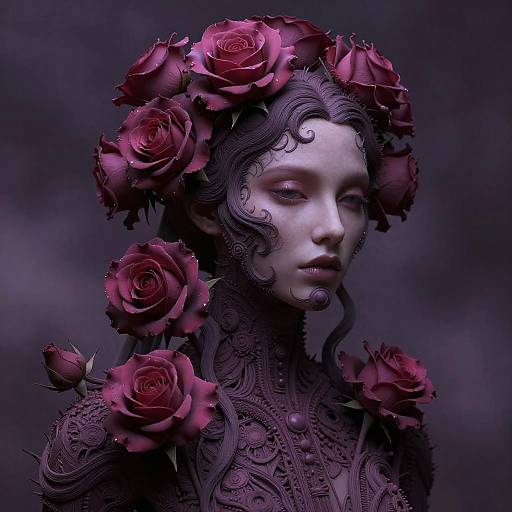 Digital artwork of a pale-skinned, ornate, flower-crowned woman with closed eyes, surrounded by dark purple roses, against a dark, mist