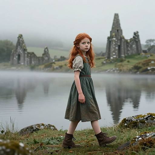 Photograph of a red-haired girl in a green dress and brown boots standing by a misty lake with ancient, ruined castle ruins in the background.