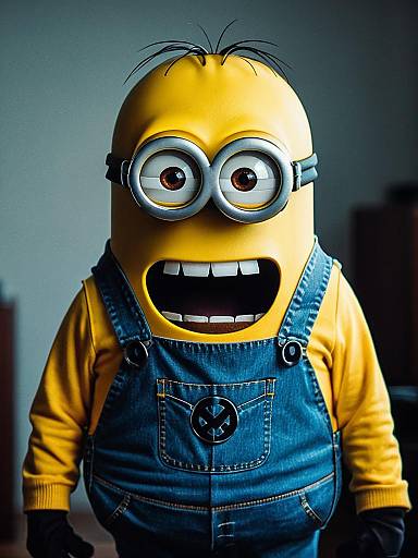 Photograph of a person wearing a yellow Minion costume with large round glasses, blue denim overalls, yellow shirt, and black gloves, with an