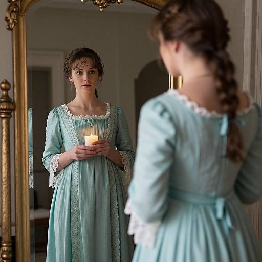 Photograph of a young woman with curly brown hair in a light blue Victorian dress, holding a candle, gazing at her reflection in an ornate