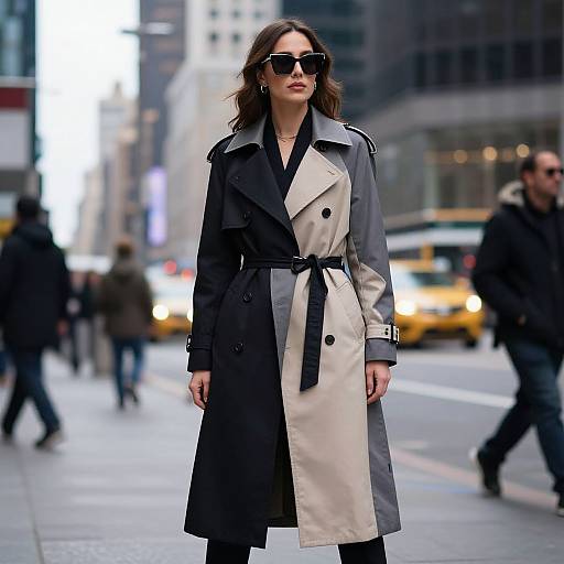 Photograph of a confident woman in a black-and-beige trench coat, black belt, and sunglasses, walking on a bustling city street with yellow taxis