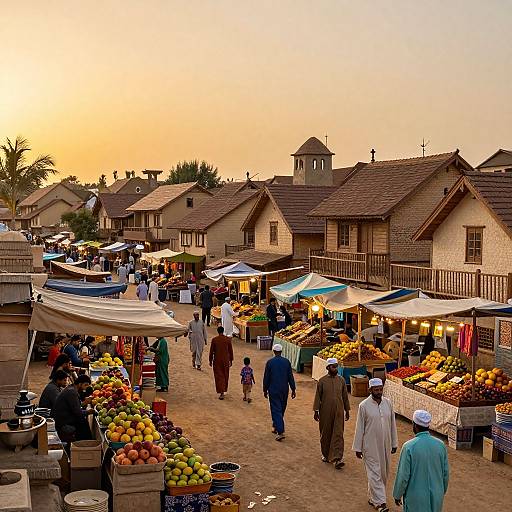 Photograph of a bustling outdoor market at sunset, featuring vendors selling fruits, vegetables, and goods under colorful canopies, with people in traditional attire walking