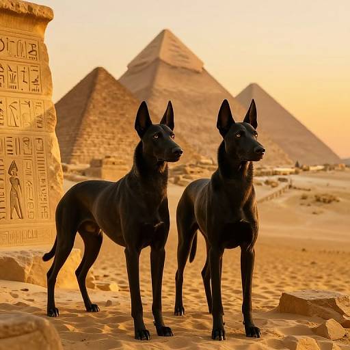 Digital artwork of two black Anubis-like dogs standing in a golden Egyptian desert with pyramids and hieroglyph-covered pillars in the background.